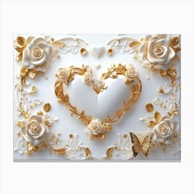 3d Art With White Background And Gold Roses, Butterflies, Heart Shape Canvas Print