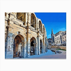 Roman Amphitheater in Arles. The image showcases the ancient Roman amphitheater in Arles, France. The imposing stone structure features a series of arches and columns, with a weathered facade and a hint of the interior visible. The amphitheater stands against a backdrop of a clear blue sky, with a church spire peeking out in the distance. Canvas Print