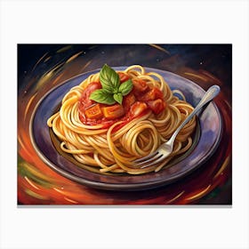 Plate Of Spaghetti With Tomato Sauce And Basil On A Whirl Background Canvas Print