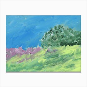 landscape painting acrylic impressionism green blue purple nature sky forest field flowers soothing calm Canvas Print