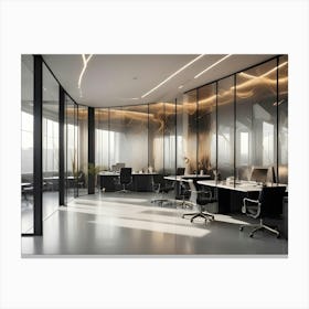 Sleek And Modern Open Plan Office With Black And Gold Accents, Bathed In Natural Light Canvas Print