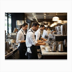 Cafeteria Interior Bustling With Activity Baristas In Checkered Aprons Preparing Espresso Drinks P (4) Canvas Print