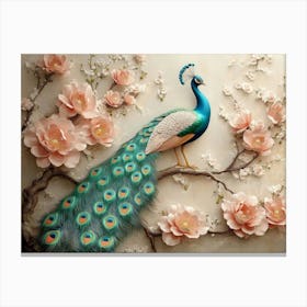 Colorful Peacock On Branch With 3d Floral Artwork Backdrop Canvas Print