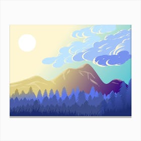 Mountains Forest Landscape Sky Clouds Sun Sunlight Glow Trees Mountain Range Environment Nature Scenery Scenic Minimalist Art Canvas Print