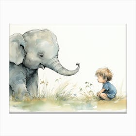 Curious Boy With Baby Elephant Canvas Print
