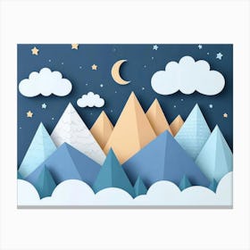 Hand Drawn Modern Mountain Landscape With Stars, Clouds And Moon Canvas Print