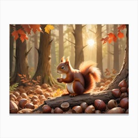 Red Squirrel Sitting On A Log Surrounded By Acorns In A Forest 1 Canvas Print