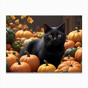 Black Cat Sitting In A Pile Of Pumpkins With Autumn Leaves Canvas Print