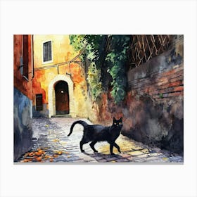 Black Cat In Rome, Italy, Street Art Watercolour Painting 5 Canvas Print