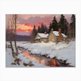 Winter Cabins By River Canvas Print