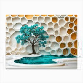 Abstract Elements Surround a Turquoise Tree at the Center of This Oak Wood and White Canvas Print