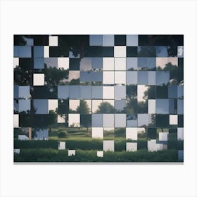 Abstract Image Of A Green Lawn With Trees And A Cloudy Sky Reflected In A Grid Of Mirrors Canvas Print