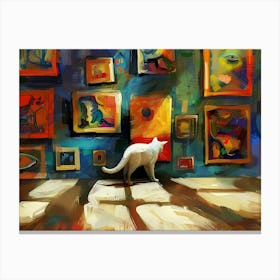 White Cat In The Library - Looking At An Artwork Canvas Print