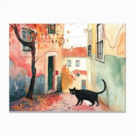 Lisbon, Portugal   Cat In Street Art Watercolour Painting 1 Canvas Print