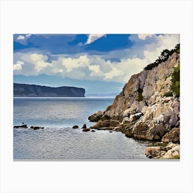 Rocky coastal landscape in Sardinia. This image is a stylized painting of a rocky coastal landscape with calm, rippling water and a clear blue sky. The rocky cliff is adorned with some greenery, and in the background, another landmass stretches across the horizon under a partially cloudy sky. The scene conveys a serene, natural beauty. Canvas Print