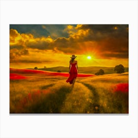 Sunset Woman In Red Dress Canvas Print