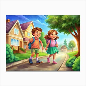 Children Walking To School Holding Hands Canvas Print