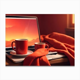 A Laptop With A Red Sunset Desktop Wallpaper Is On A Desk With Two Red Mugs And An Orange Blanket, Creating A Cozy And Warm Atmosphere Canvas Print