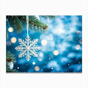 Closeup Of A Single Shiny Snowflake Resting On A Fir Tree Branch White And Blue Hues Dominating The (3) 2 Canvas Print