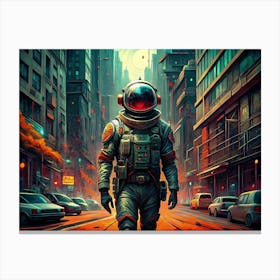 Astronaut Walking Through A Futuristic City Canvas Print