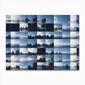 Abstract Image Of A Grid Of 36 Squares, Each Containing A Different Image Of A Lake, Forest, And Mountains Canvas Print