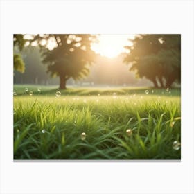 A Field Of Green Grass With Soap Bubbles Floating In The Air, Illuminated By The Warm Light Of The Setting Sun, Creating A Dreamy And Magical Atmosphere Canvas Print