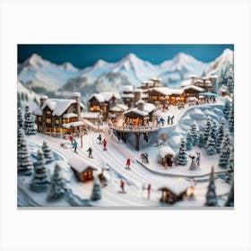 Top View Of A Miniature Ski Resort Nestled Within A Teacup Tiny Skiers And Snowboarders Carving Dow Canvas Print