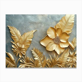 Gold Floral Plants and Palm Leaves, 3d Abstract Tropical Leaves Canvas Print