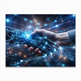 A Human Hand Shaking Hands With A Robot Hand, Both Surrounded By A Network Of Glowing Lines And Dots 1 Canvas Print