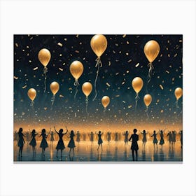 A Joyful Scene Of A Large Crowd Of Silhouettes Dancing And Celebrating In The Night Sky With Golden Balloons And Confetti Canvas Print