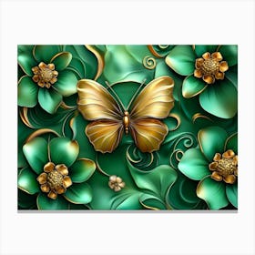 Gold Butterfly On Green Flowers Canvas Print