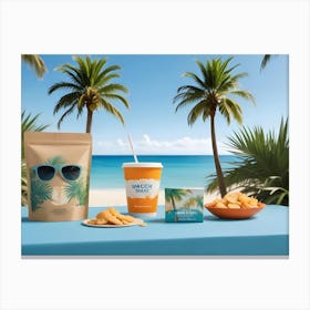 A Beach Scene With A Blue Table, A Bowl Of Chips, A Cup Of Soda, A Bag Of Chips, And A Tropical Background Canvas Print