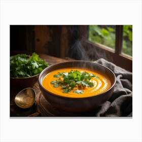 Autumn Pumpkin Curry Soup Steaming In An Earthenware Bowl Vibrant Orange Against Dark Green Lettuc (1) Canvas Print