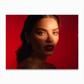 Full Profile Of A Model With Brown Eyes Accentuated By The Warm Lighting Red Lips Standing Out Agai Canvas Print