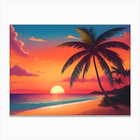 A Tranquil Beach At Sunset Horizontal Illustration 42 Canvas Print