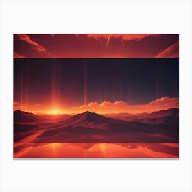 Abstract Digital Image Of A Room With Three Large Screens Displaying A Fiery, Red Sunset Over A Mountain Range, Creating A Dramatic And Futuristic Atmosphere Canvas Print