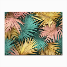 Tropical Colorful Textured Palm Leaves, Golden, Pink, Green 1 Canvas Print