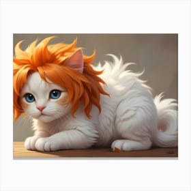 A Digital Illustration Of A Cute, White Kitten With Orange Hair, Sitting On A Wooden Surface With A Soft, Dreamy Expression Canvas Print