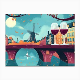 Paris Bridge With Wine Glasses Canvas Print