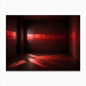 An Empty Room With Red Walls, A Wooden Floor, And A Window With A Red Light Filtering In, Casting Shadows On The Floor Canvas Print