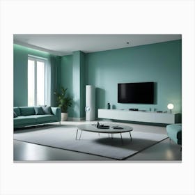 A Modern Living Room Interior With A Large Green Sofa, Two Armchairs, A Coffee Table, Plants, And A Tv Canvas Print