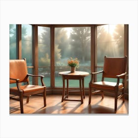 Photograph Of A Living Room With Two Leather Chairs And A Small Table In Front Of A Large Window Canvas Print