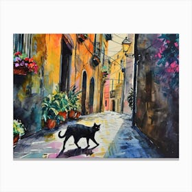Naples, Italy   Cat In Street Art Watercolour Painting 2 Canvas Print