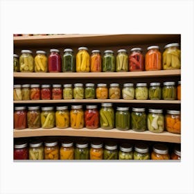 Jars Of Pickled Vegetables On Wooden Shelves With A Dark Background Canvas Print