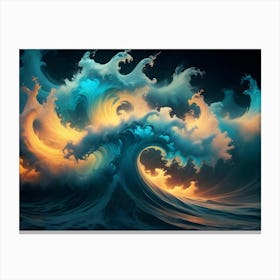 A Powerful Ocean Wave Crashes Dramatically, Illuminated By Warm, Golden Light Against A Dark Background Canvas Print