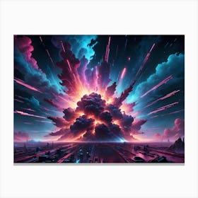 An Epic Explosion With Vibrant Pink, Blue, And Orange Hues Illuminates A Futuristic Cityscape Under A Starry Sky Canvas Print