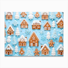Christmas Gingerbread Houses On Blue Background Canvas Print