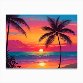 A Tranquil Beach At Sunset Horizontal Illustration 51 Canvas Print