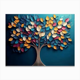 Colorful Tree With Leaves On Hanging Branches Of Blue, White And Golden Illustration Background Canvas Print