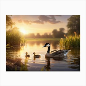 Young Canadian Goose Its Down Feathers Glowing Golden In The Spring Time Swimming Joyfully In A Se Canvas Print